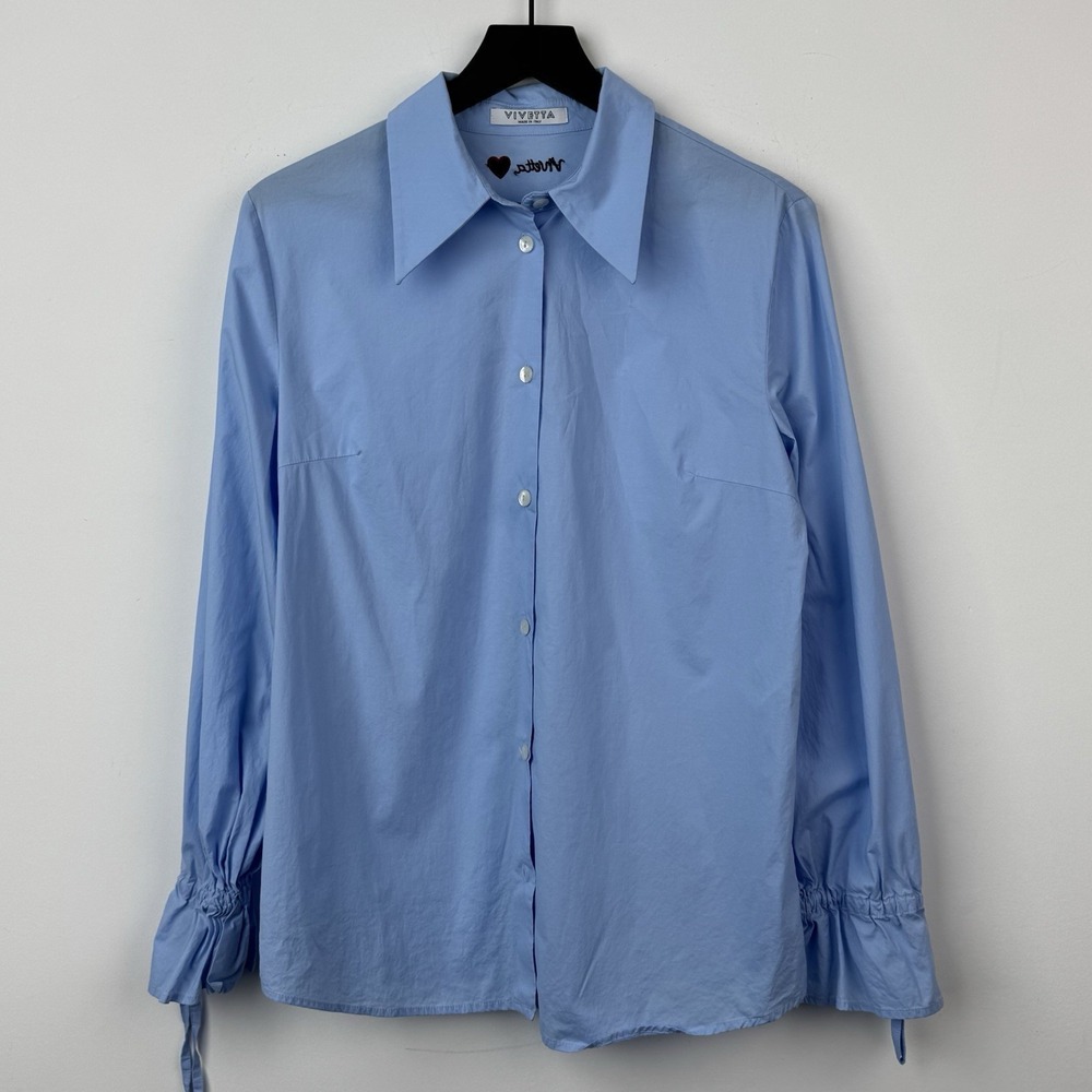 Vivetta Button Up Shirt Women's 40 Blue Ruffle Cuff Embroidered Heart Italy Lux